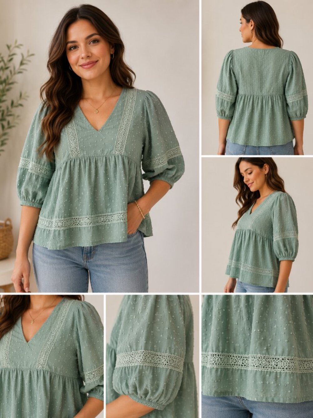 In Loom 100% Cotton Sage Green Swiss Dot Lace Trim Babydoll Blouse Size M
